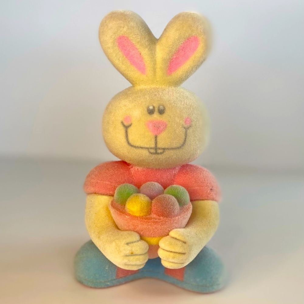 Vintage Flocked Easter Bunny Egg Bank Decor Spring Pastel